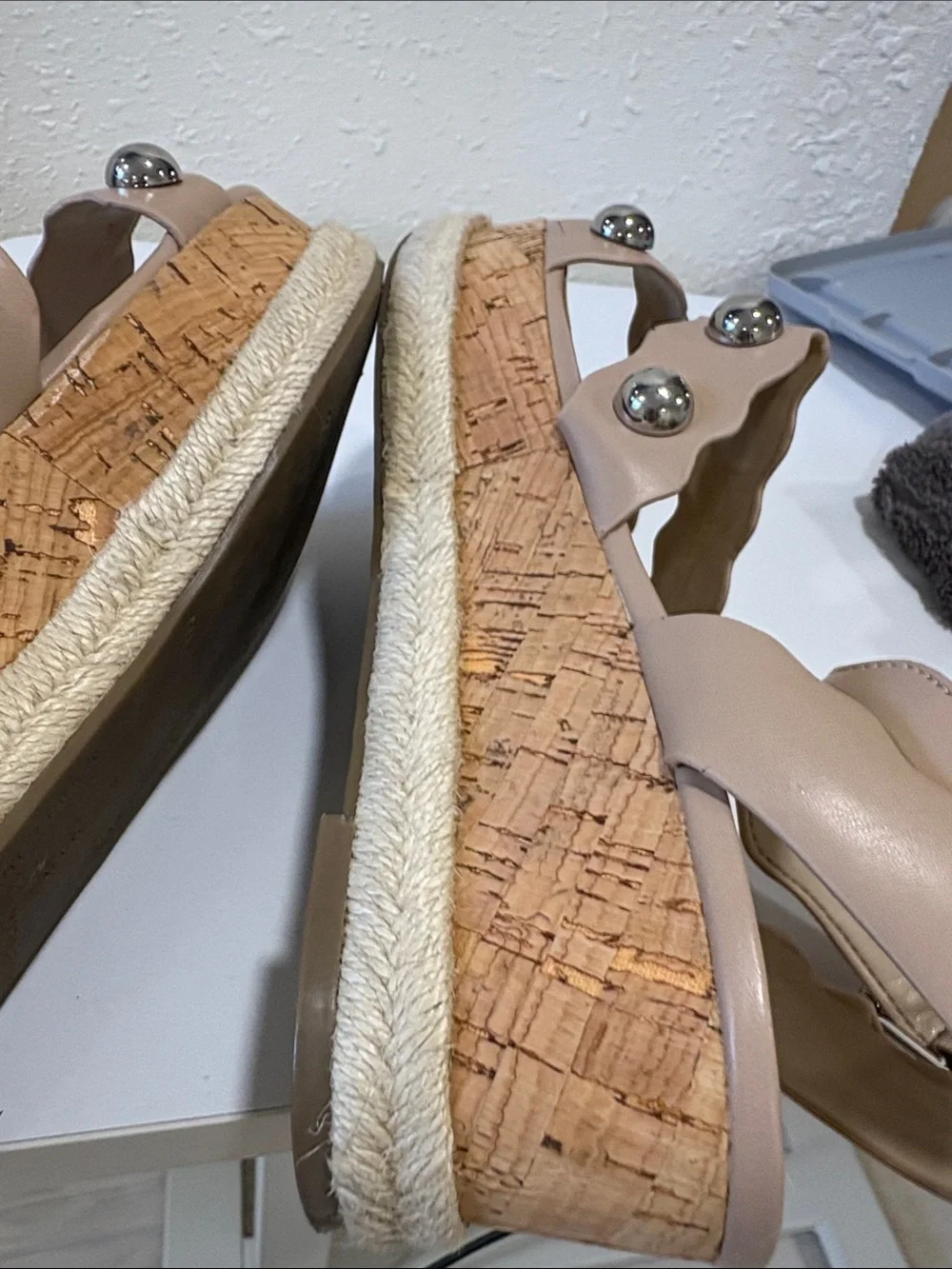Marc Fisher Nude Tan Platform Studded Espadrille Sandals
